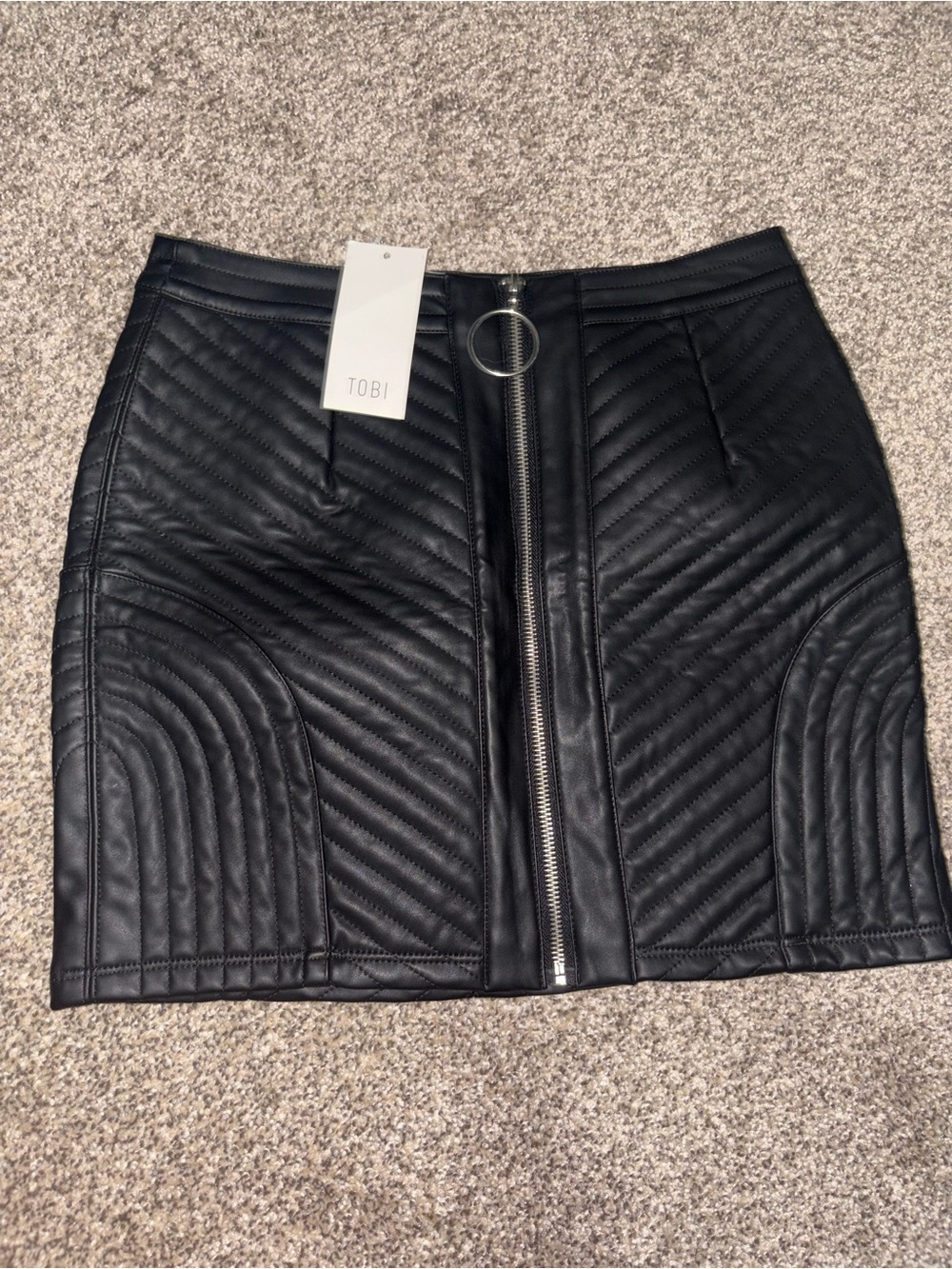Tobi Black Quilted Faux Leather Mini Skirt with Front Ring Zip